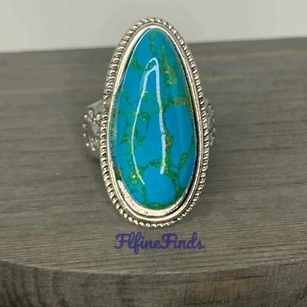 🌞925 Sterling Tibetan Silver Marquis cut Created Turquoise Cabochon Stone Ring - Picture 14 of 16